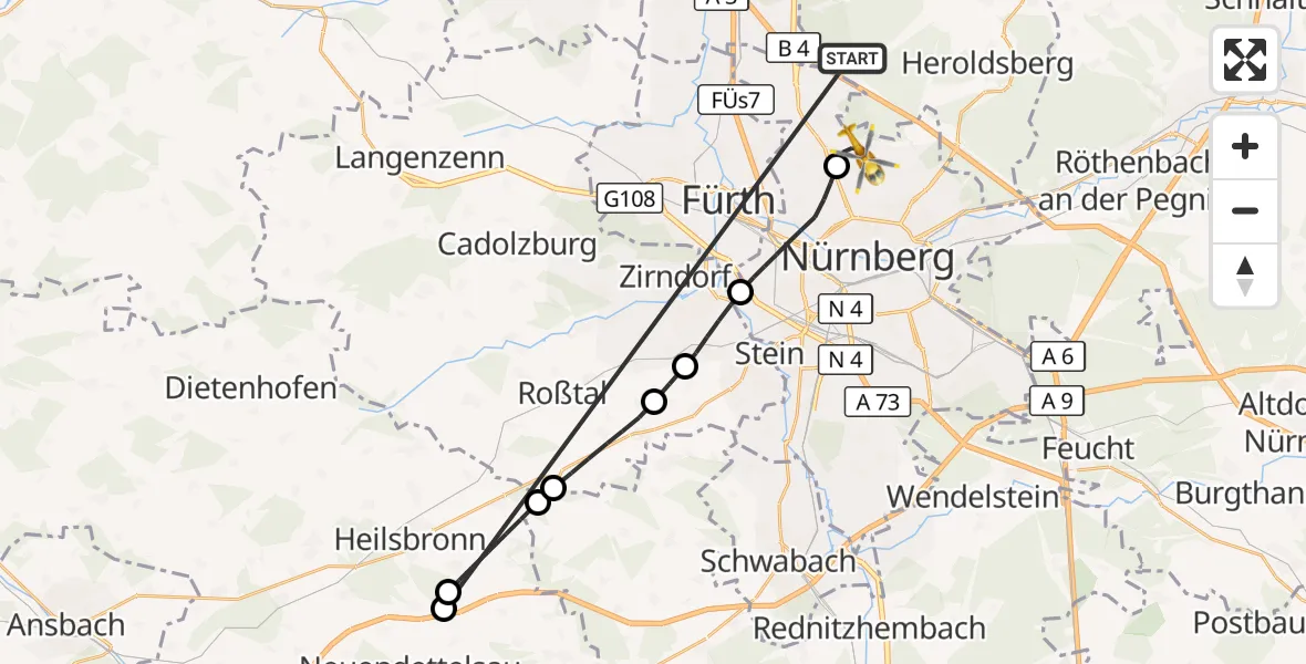 Flugroute Rettungshubschrauber Neunhofer Forst - Flughafen Nuremberg, 11 Oktober 2026, 05:13