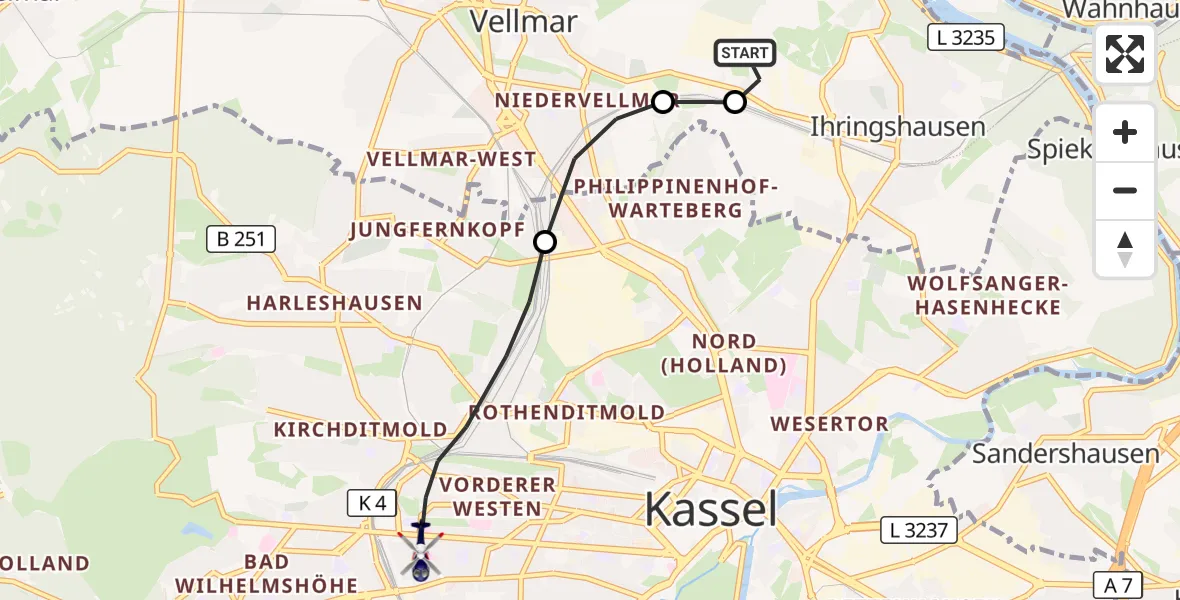 Flugroute Polizeihubschrauber Fuldatal Bundespolizei Hubschrauberlandeplatz - Kassel, 11 Oktober 2026, 05:39