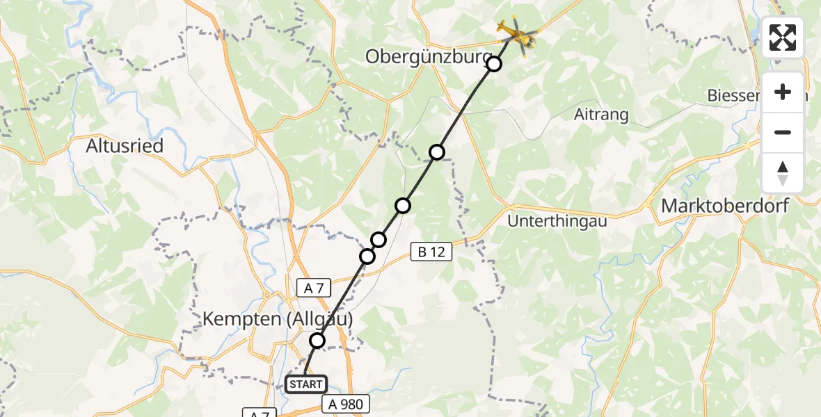 Flugroute Rettungshubschrauber Durach - Obergünzburg, 11 Oktober 2026, 05:54