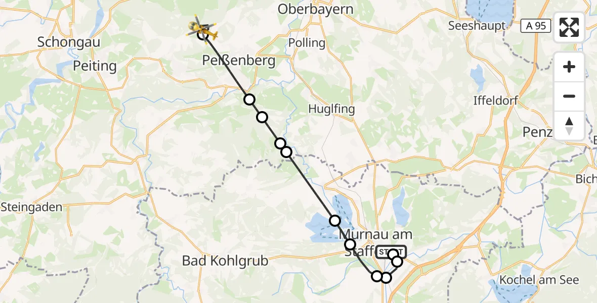 Flugroute Rettungshubschrauber Murnau Accident Hospital - Wessobrunn, 11 Oktober 2026, 06:20