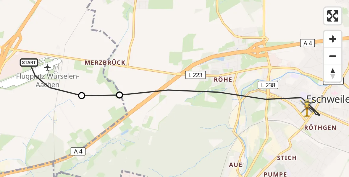Flugroute Rettungshubschrauber Aachen-Merzbrück Flughafen - Eschweiler, 11 Oktober 2026, 06:43