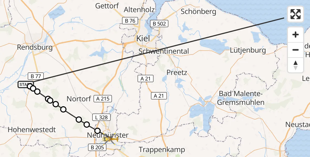 Flugroute Ambulanzhubschrauber Hamweddel - Neumünster, 11 Oktober 2026, 07:00