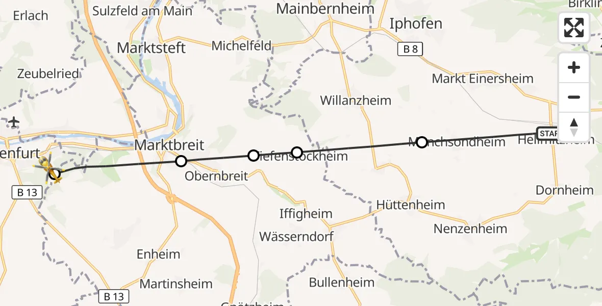 Flugroute Rettungshubschrauber Iphofen - Ochsenfurt Hospital, 11 Oktober 2026, 07:02