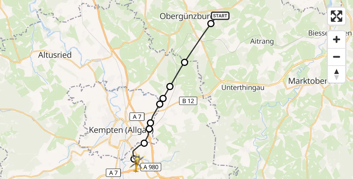 Flugroute Rettungshubschrauber Obergünzburg - Kempten-Durach Flugplatz, 11 Oktober 2026, 07:04