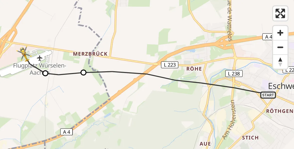 Flugroute Rettungshubschrauber Eschweiler - Aachen-Merzbrück Flughafen, 11 Oktober 2026, 07:08