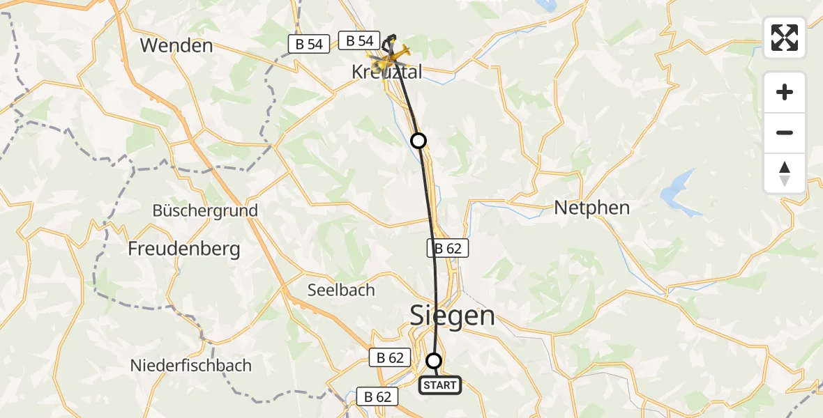 Flugroute Rettungshubschrauber Evangelisches Jung-Stilling Hospital - Kreuztal, 11 Oktober 2026, 07:22