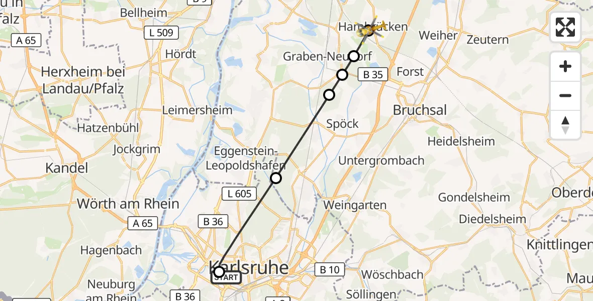Flugroute Ambulanzhubschrauber Sankt Vincentius Hospital - Hambrücken, 11 Oktober 2026, 07:31