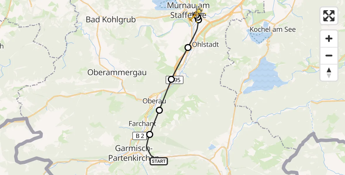 Flugroute Rettungshubschrauber Garmisch-Partenkirchen - Murnau Accident Hospital, 11 Oktober 2026, 07:41