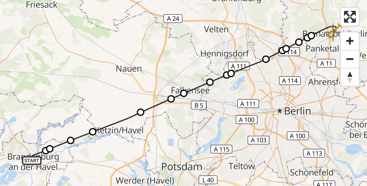 Flugroute Ambulanzhubschrauber Brandenburg an der Havel - Bernau bei Berlin, 11 Oktober 2026, 07:47