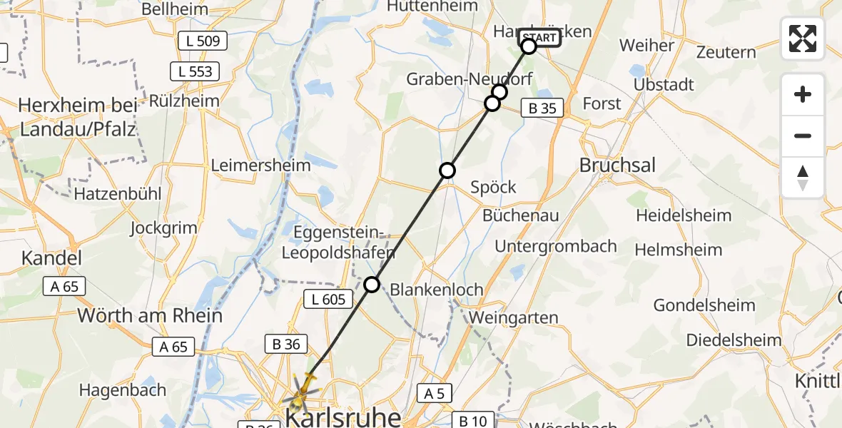 Flugroute Ambulanzhubschrauber Hambrücken - Karlsruhe, 11 Oktober 2026, 08:04