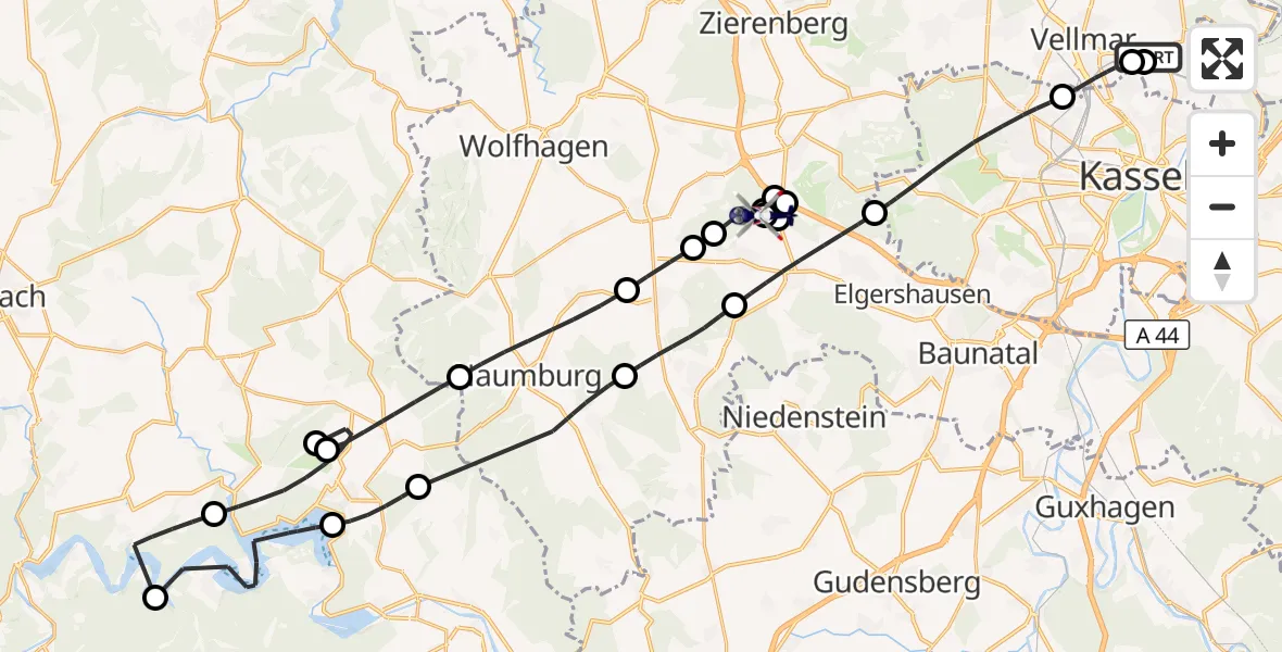 Flugroute Polizeihubschrauber Fuldatal Bundespolizei Hubschrauberlandeplatz - Zierenberg, 11 Oktober 2026, 08:13