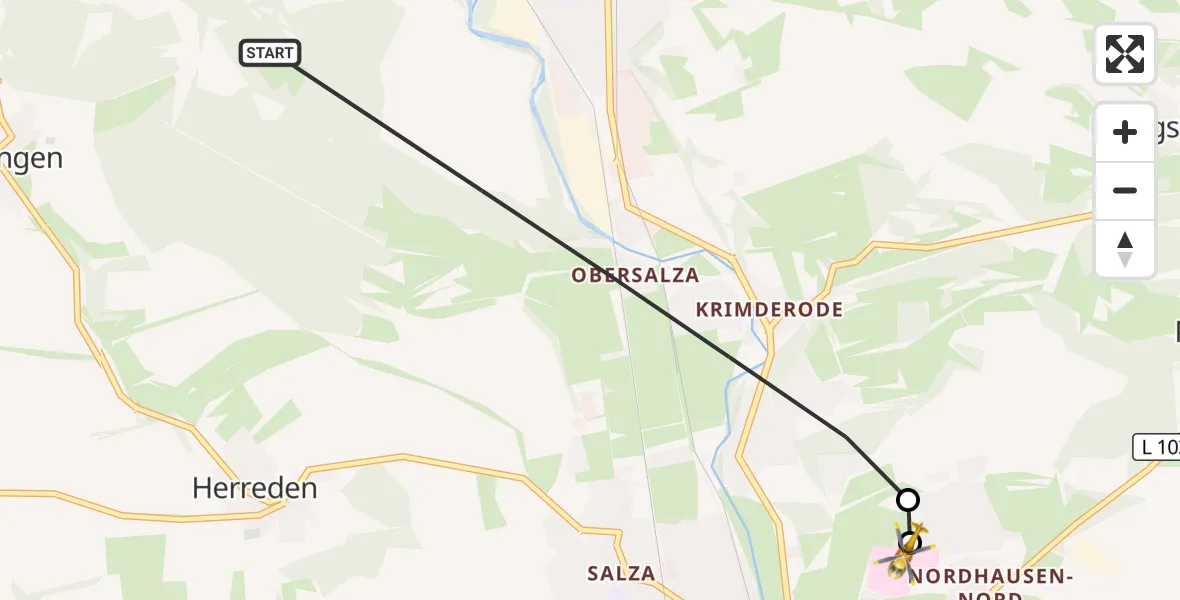 Flugroute Rettungshubschrauber Nordhausen - Südharz Hospital Nordhausen, 11 Oktober 2026, 08:22