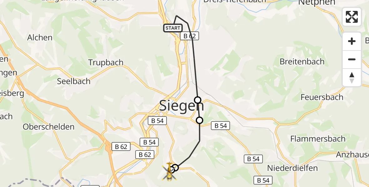 Flugroute Rettungshubschrauber Siegen - Evangelisches Jung-Stilling Hospital, 11 Oktober 2026, 08:29