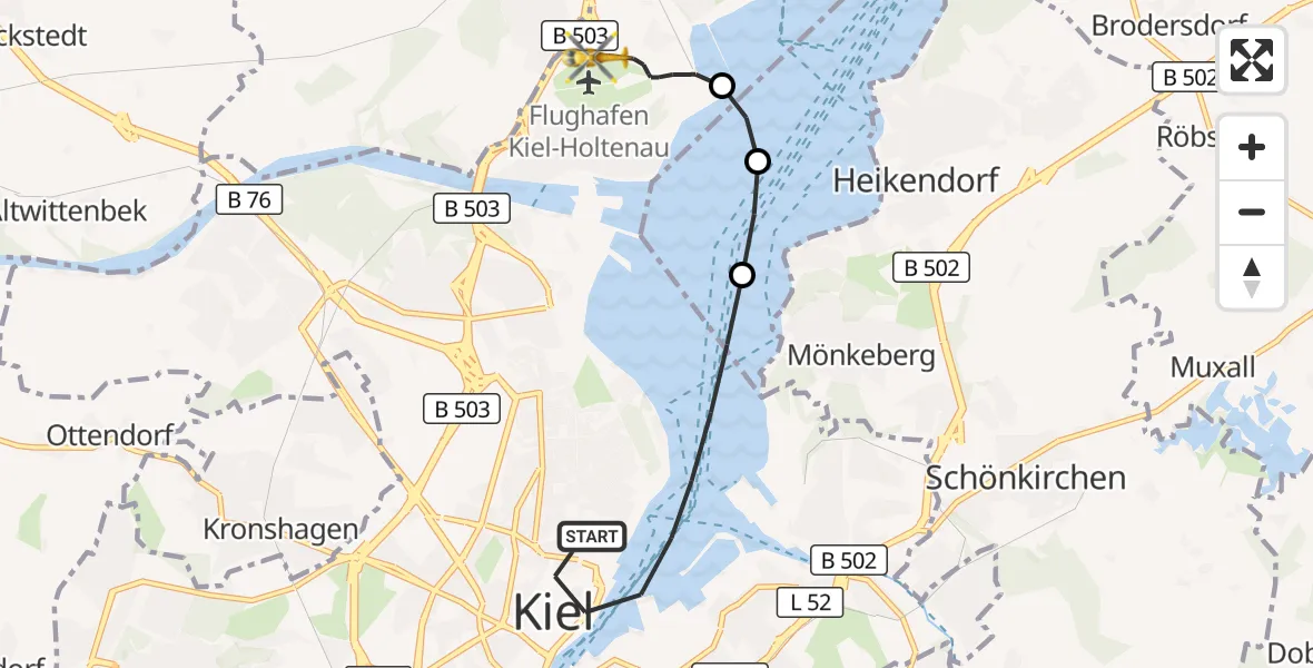 Flugroute Ambulanzhubschrauber Kiel - Kiel-Holtenau Flughafen, 11 Oktober 2026, 08:48