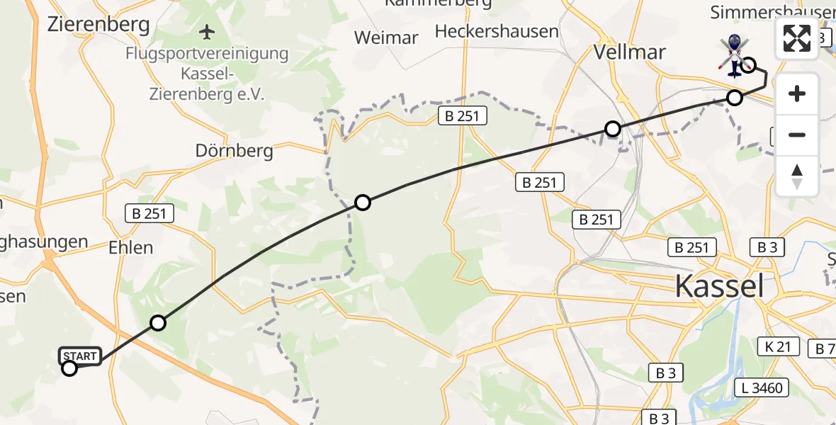 Flugroute Polizeihubschrauber Zierenberg - Fuldatal Bundespolizei Hubschrauberlandeplatz, 11 Oktober 2026, 08:52