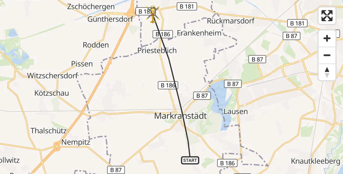 Flugroute Rettungshubschrauber Markranstädt - Schkeuditz, 11 Oktober 2026, 08:58