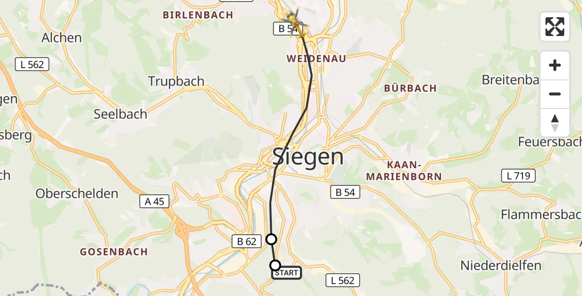 Flugroute Rettungshubschrauber Evangelisches Jung-Stilling Hospital - Siegen, 11 Oktober 2026, 09:16