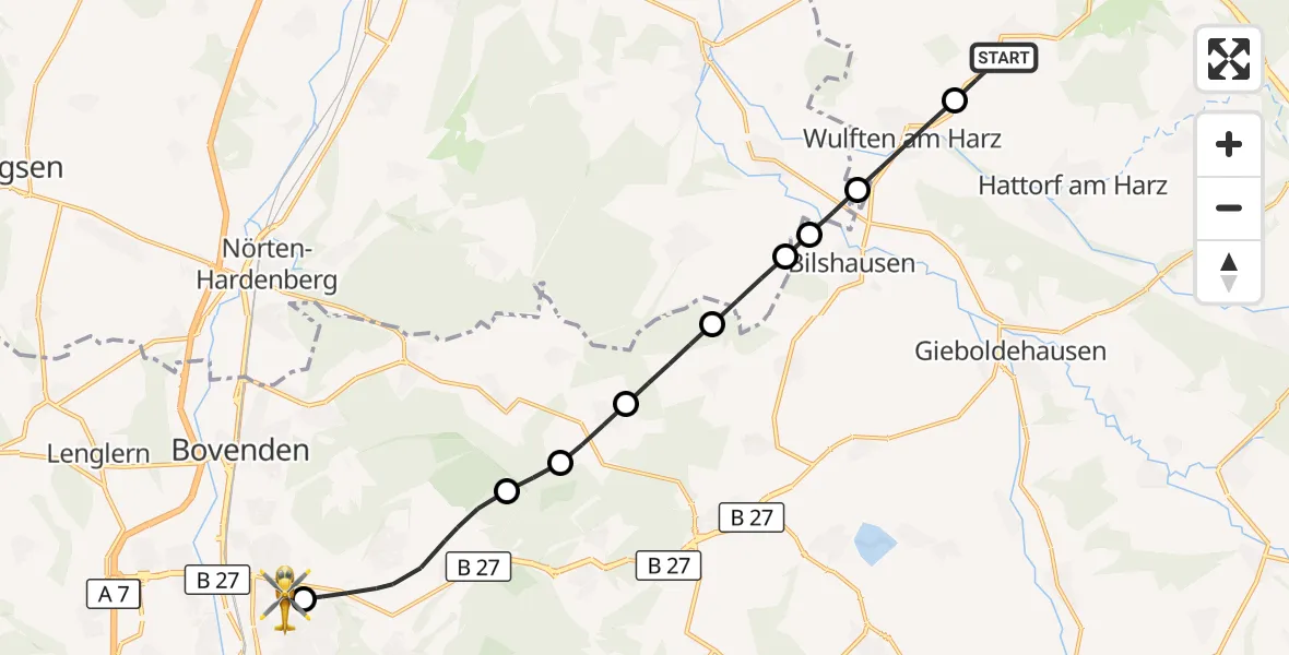 Flugroute Rettungshubschrauber Osterode am Harz - Göttingen University Clinic Hubschrauberlandeplatz, 11 Oktober 2026, 09:29