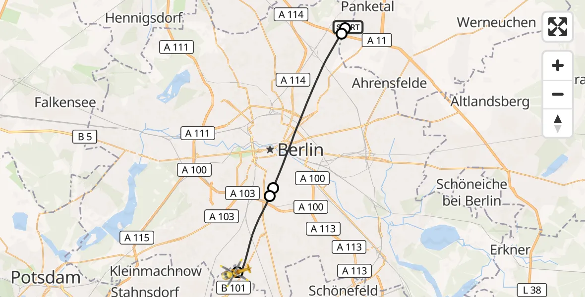 Flugroute Rettungshubschrauber Helios Clinic Berlin-Buch - Großbeeren, 11 Oktober 2026, 09:33