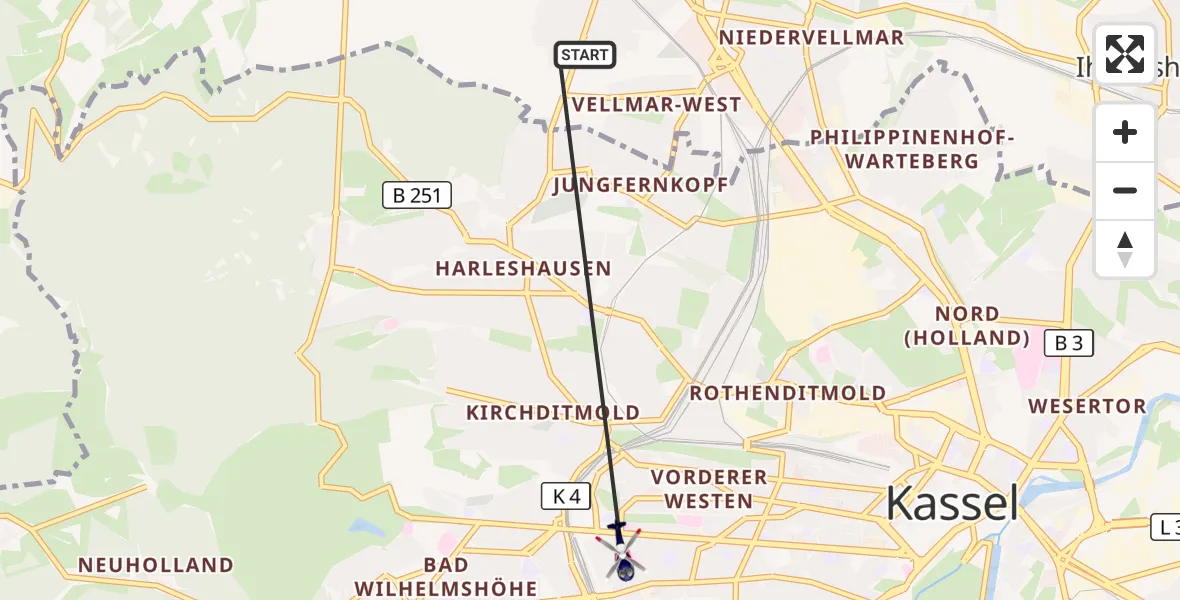 Flugroute Polizeihubschrauber Vellmar - Kassel, 11 Oktober 2026, 09:41