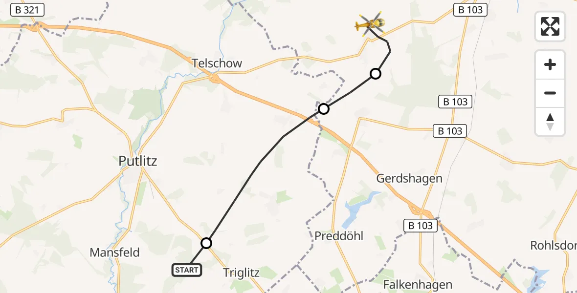 Flugroute Rettungshubschrauber Putlitz - Marienfließ, 11 Oktober 2026, 09:46