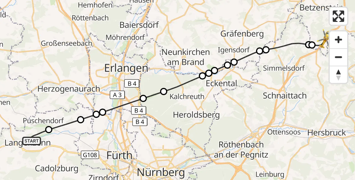Flugroute Ambulanzhubschrauber Langenzenn - Betzenstein, 11 Oktober 2026, 09:55