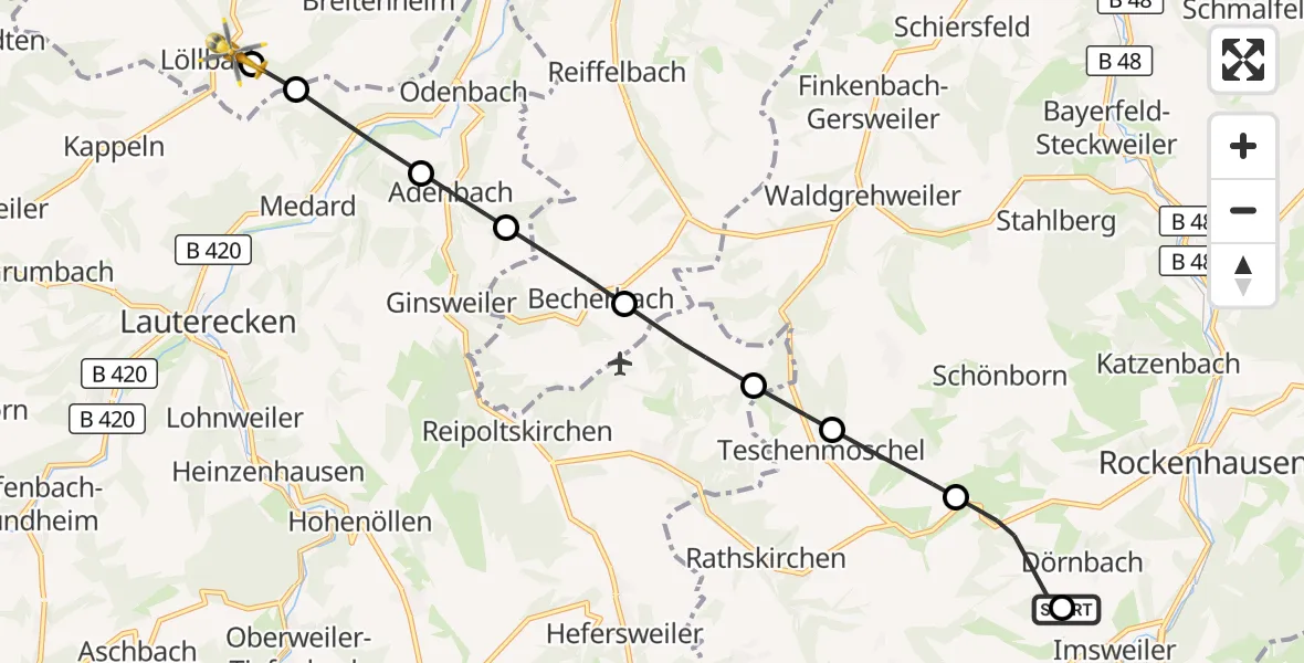 Flugroute Rettungshubschrauber Imsweiler UL - Löllbach, 11 Oktober 2026, 10:07