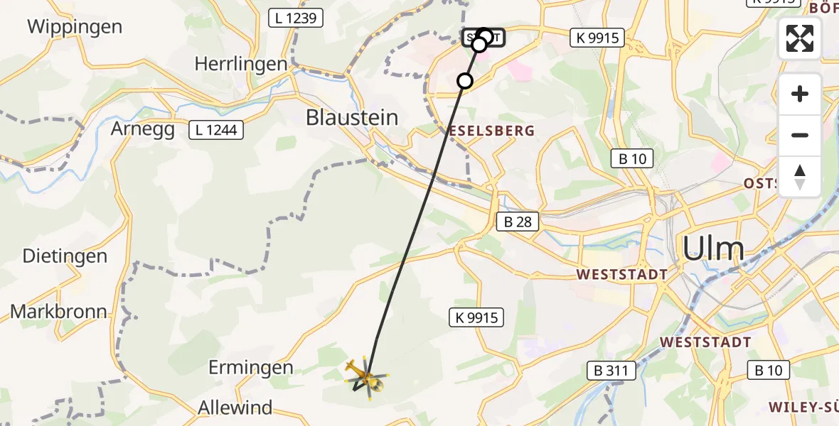 Flugroute Rettungshubschrauber Ulm Military Hospital Emergency - Ulm, 11 Oktober 2026, 10:09