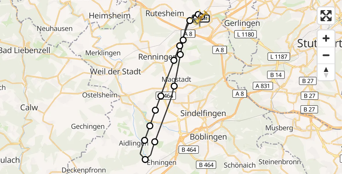 Flugroute Rettungshubschrauber Leonberg Hospital - Leonberg Hospital, 11 Oktober 2026, 10:09