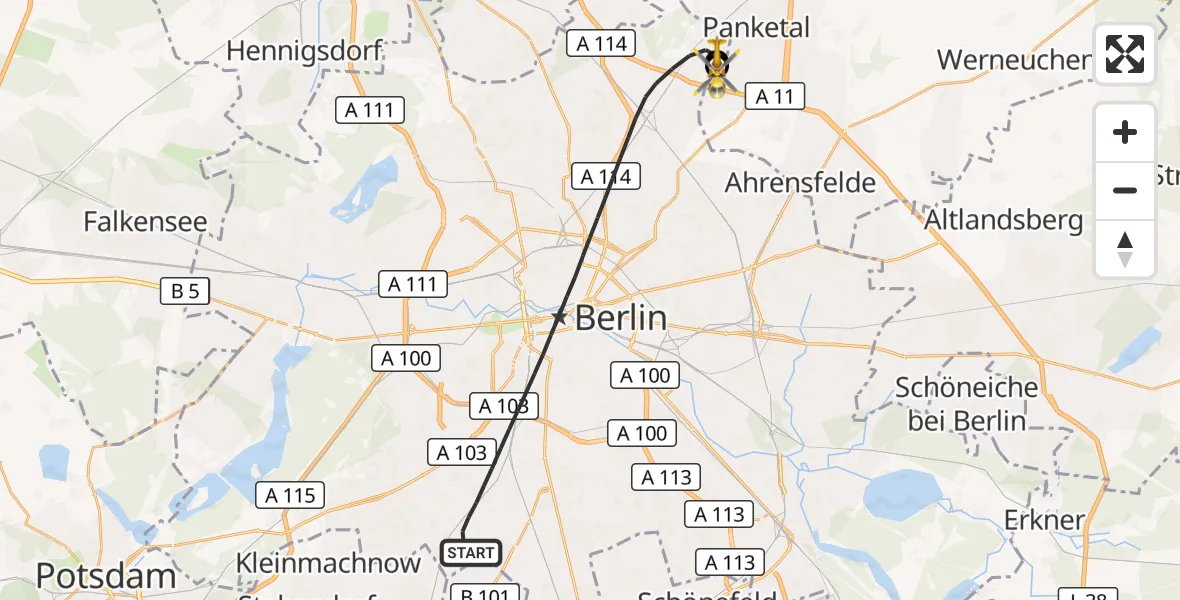 Flugroute Rettungshubschrauber Berlin - Helios Clinic Berlin-Buch, 11 Oktober 2026, 10:29