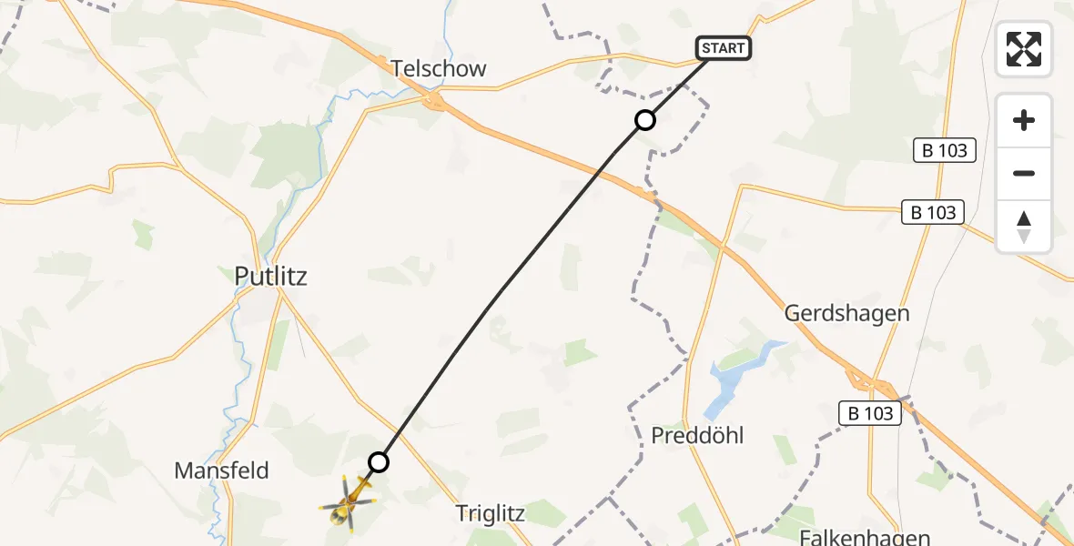 Flugroute Rettungshubschrauber Marienfließ - Putlitz, 11 Oktober 2026, 10:30