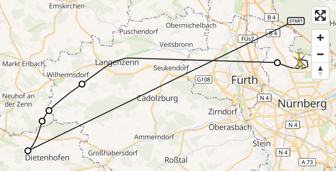 Flugroute Rettungshubschrauber Neunhofer Forst - Flughafen Nuremberg, 11 Oktober 2026, 10:38