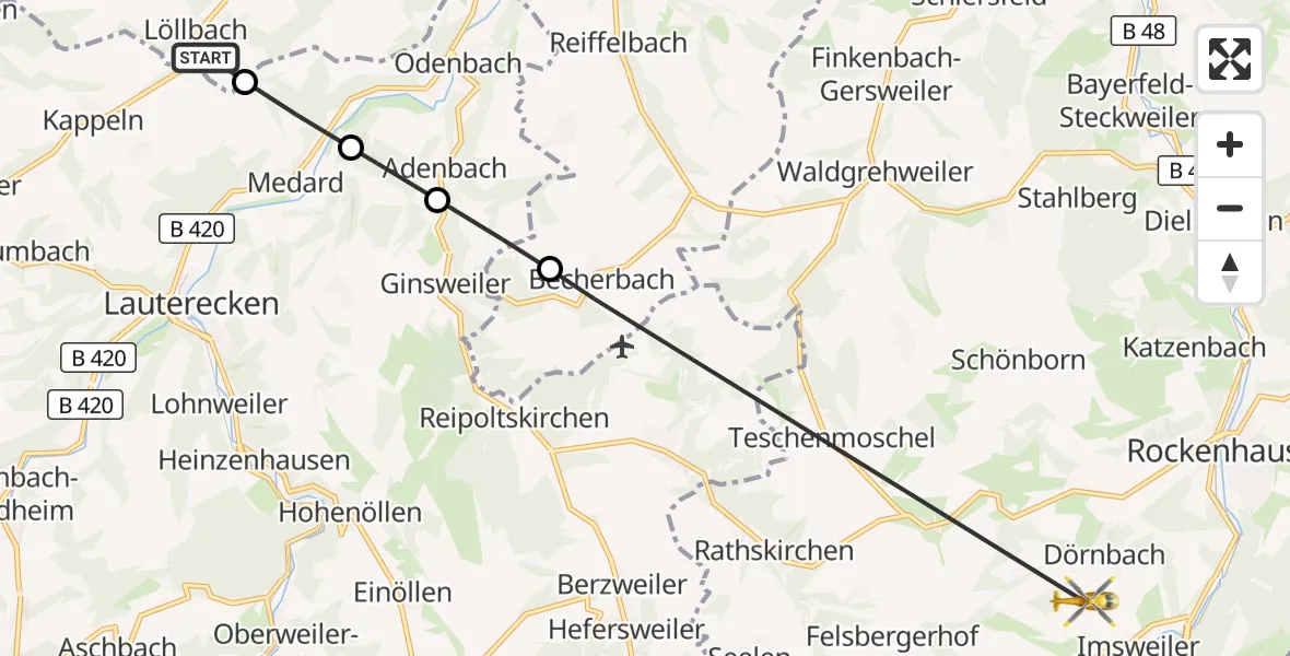 Flugroute Rettungshubschrauber Löllbach - Rockenhausen, 11 Oktober 2026, 10:41