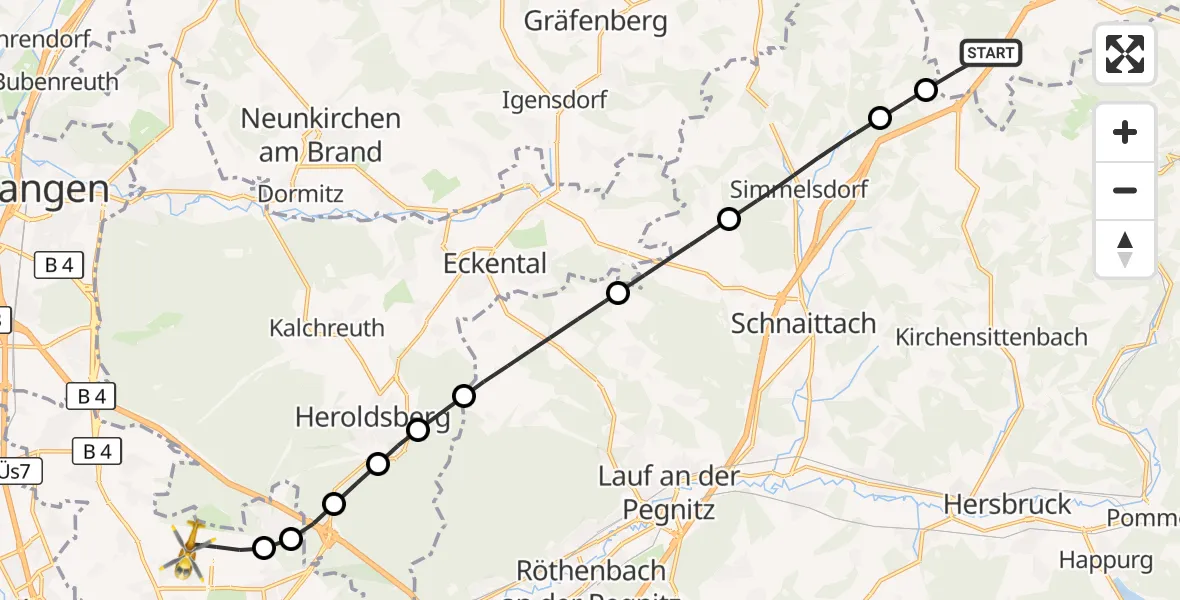 Flugroute Ambulanzhubschrauber Betzenstein - Flughafen Nuremberg, 11 Oktober 2026, 10:48