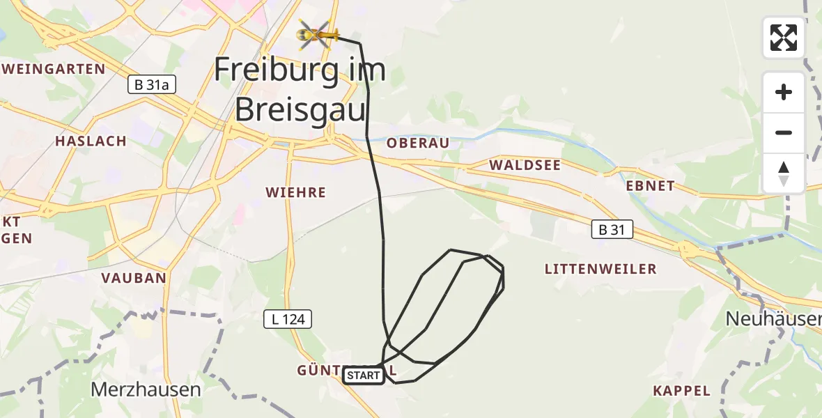 Flugroute Ambulanzhubschrauber Freiburg im Breisgau - Freiburg im Breisgau, 11 Oktober 2026, 10:48