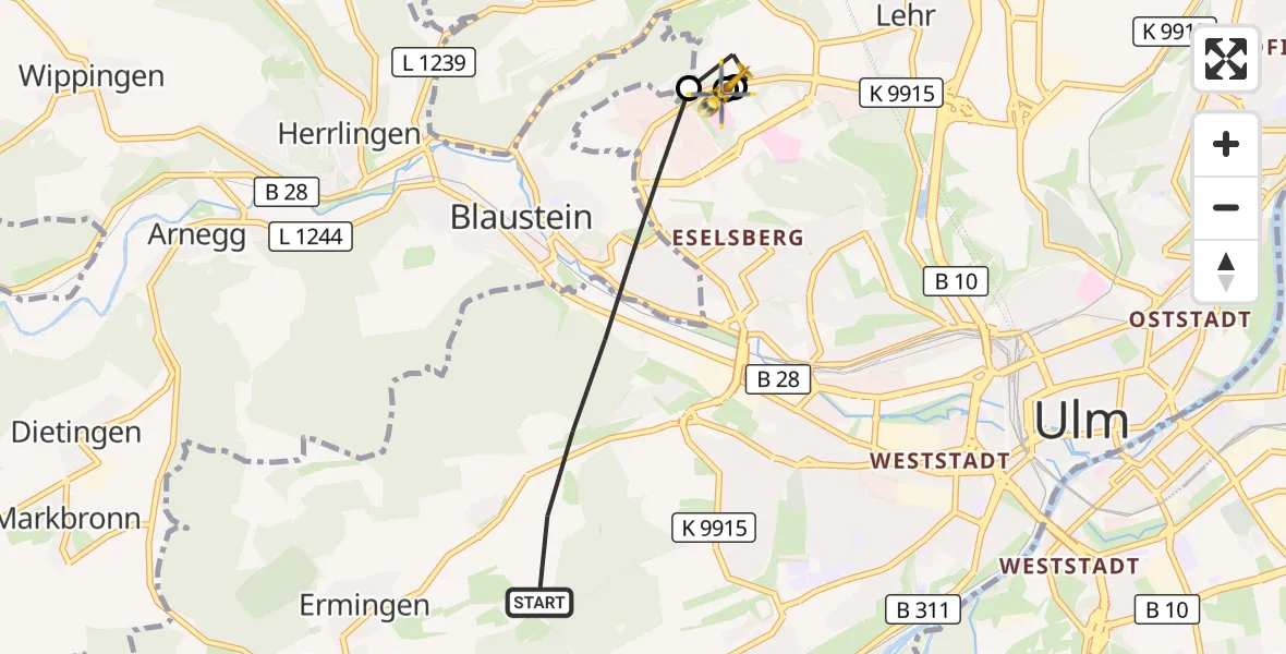 Flugroute Rettungshubschrauber Ulm - ADAC Air Rescue Station Ulm (Christoph 22), 11 Oktober 2026, 10:56
