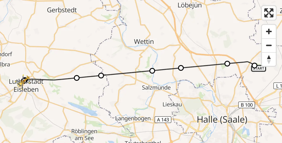 Flugroute Rettungshubschrauber Halle-Oppin Flugplatz - Helios Hospital Lutherstadt Eisleben, 11 Oktober 2026, 10:57