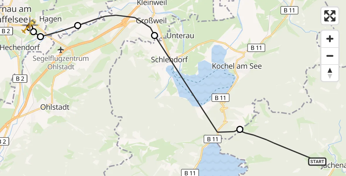 Flugroute Rettungshubschrauber Jachenau - Murnau Accident Hospital, 11 Oktober 2026, 11:00