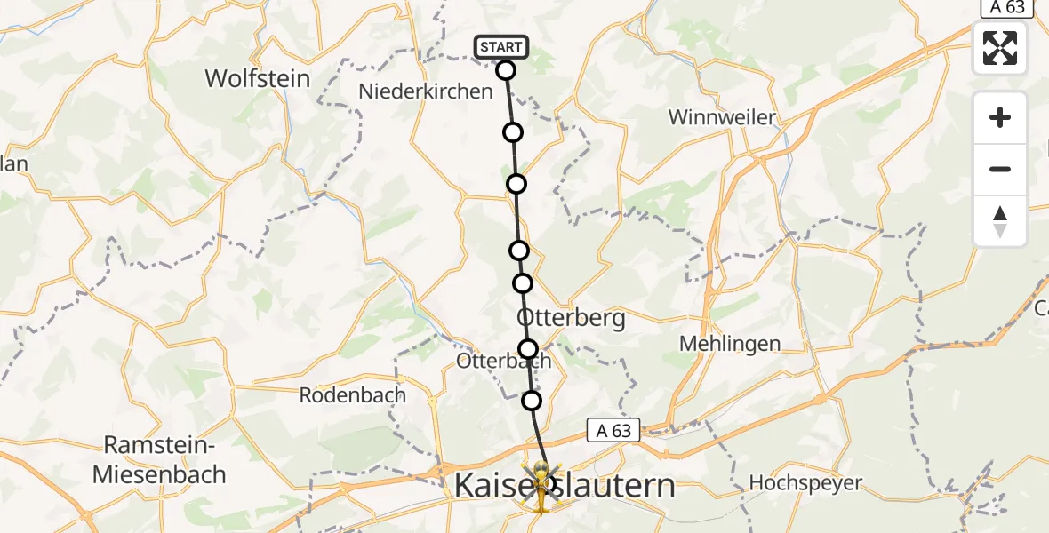 Flugroute Rettungshubschrauber Reichsthal - Westpfalz Hospital Kaiserslautern, 11 Oktober 2026, 11:58