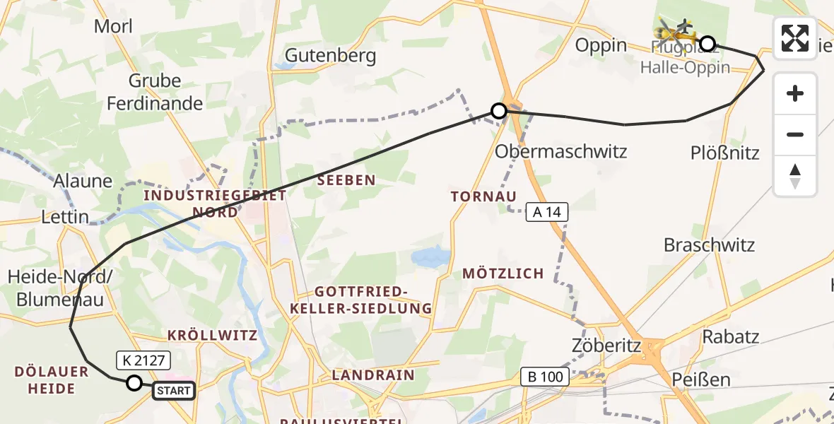 Flugroute Rettungshubschrauber Halle (Saale) University Hospital - Halle-Oppin Flugplatz, 11 Oktober 2026, 12:25