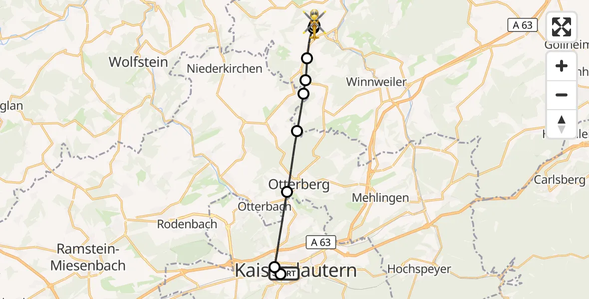 Flugroute Rettungshubschrauber Westpfalz Hospital Kaiserslautern - Rockenhausen, 11 Oktober 2026, 12:28