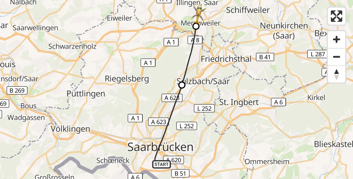 Flugroute Rettungshubschrauber Saarbrücken - Illingen, 11 Oktober 2026, 12:31