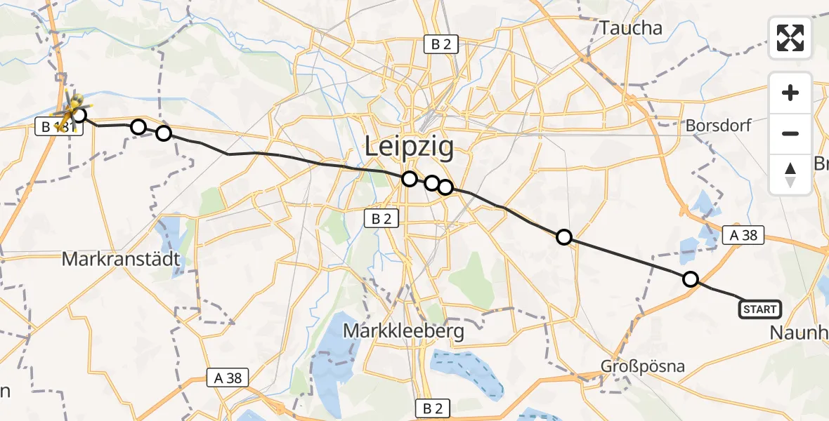 Flugroute Rettungshubschrauber Naunhof - ADAC Air Rescue Station Leipzig/Schkeuditz-Dölzig Hubschrauberlandeplatz (Christoph 61), 11 Oktober 2026, 12:34