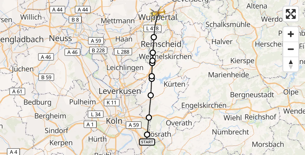 Flugroute Ambulanzhubschrauber Köln Bonn Flughafen - Wuppertal, 11 Oktober 2026, 12:42