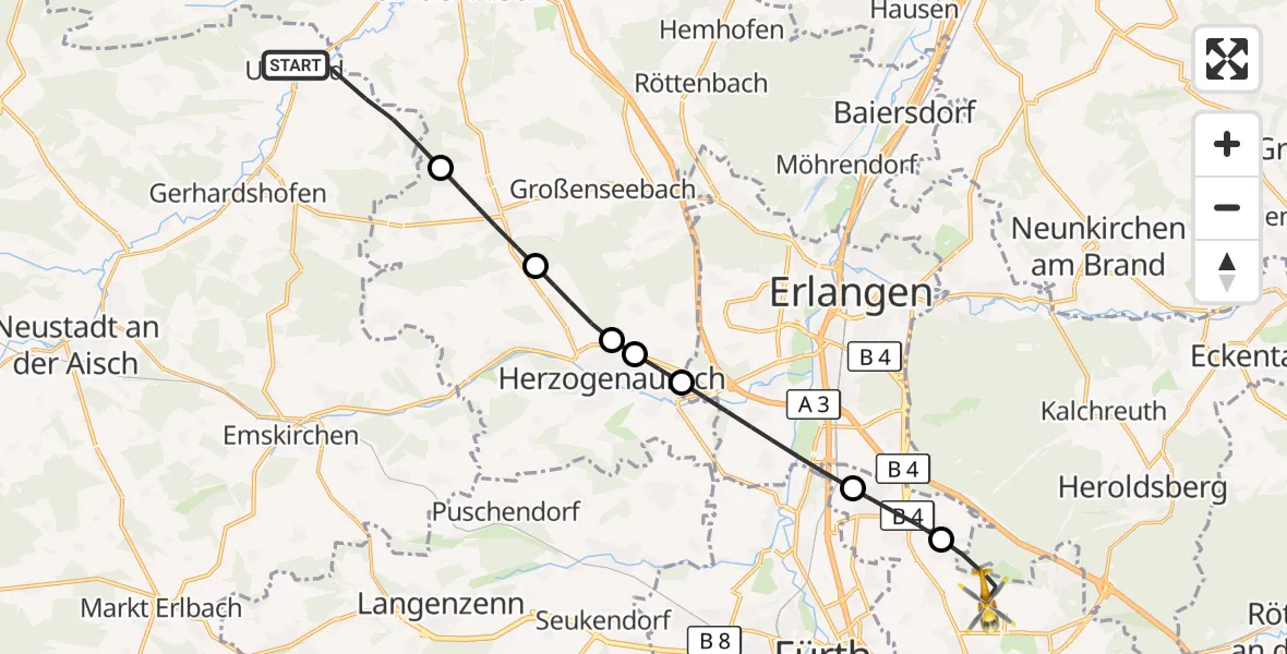 Flugroute Ambulanzhubschrauber Uehlfeld - Flughafen Nuremberg, 11 Oktober 2026, 12:46