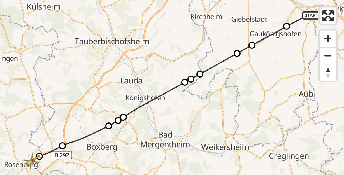 Flugroute Rettungshubschrauber Ochsenfurt - Rosenberg, 11 Oktober 2026, 12:54