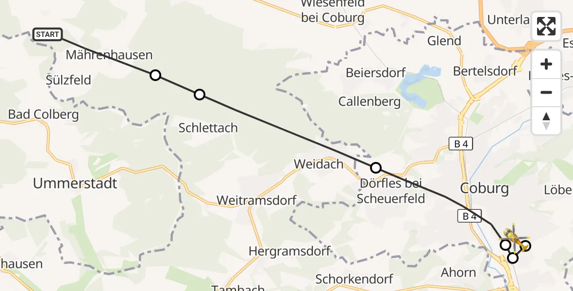 Flugroute Rettungshubschrauber Bad Rodach - Regiomed Hospital Coburg, 11 Oktober 2026, 13:00