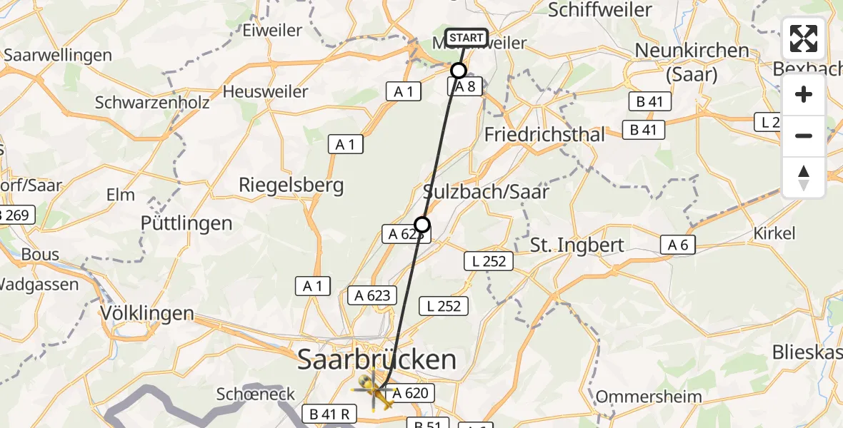 Flugroute Rettungshubschrauber Merchweiler - Saarbrücken, 11 Oktober 2026, 13:03