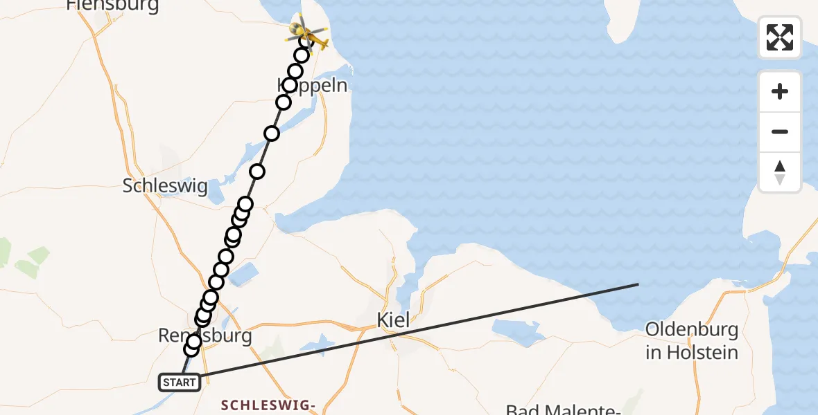 Flugroute Ambulanzhubschrauber Schülp b.Rendsburg - Gelting, 11 Oktober 2026, 13:15