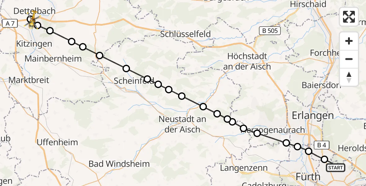 Flugroute Ambulanzhubschrauber Flughafen Nuremberg - Dettelbach, 11 Oktober 2026, 13:23